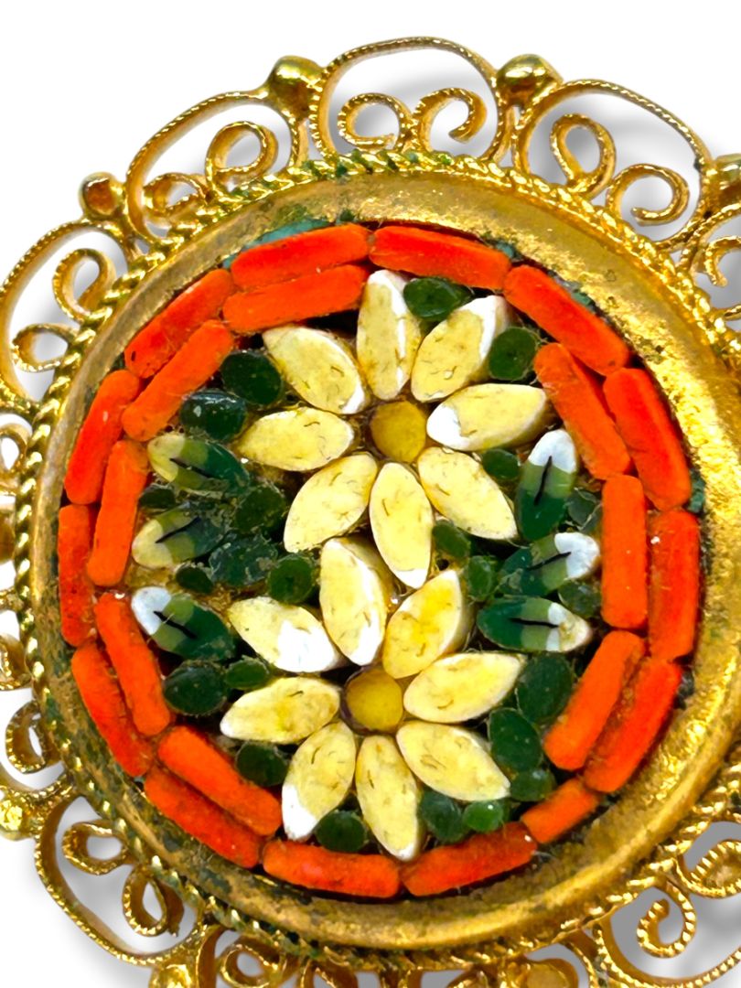 Vintage Micro Mosaic Brooch Pin Goldtone Filigree Daisy Italy 1.5"