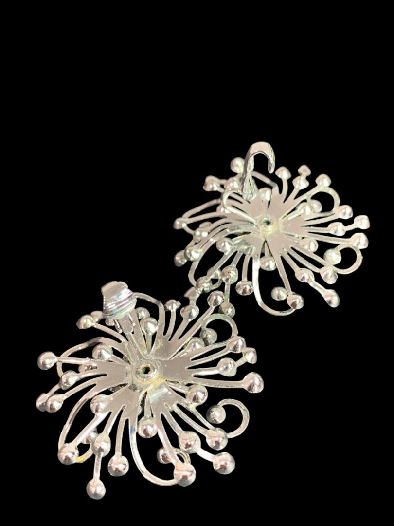 Sarah Coventry "Stardust" 1958 Rhinestones Silver Flower Earrings Clip Ons  2" Lightweight
