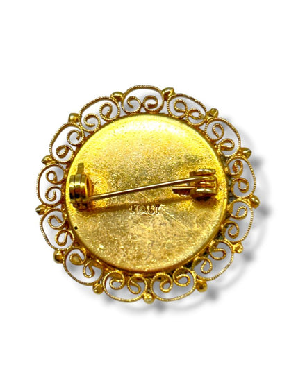 Vintage Micro Mosaic Brooch Pin Goldtone Filigree Daisy Italy 1.5"