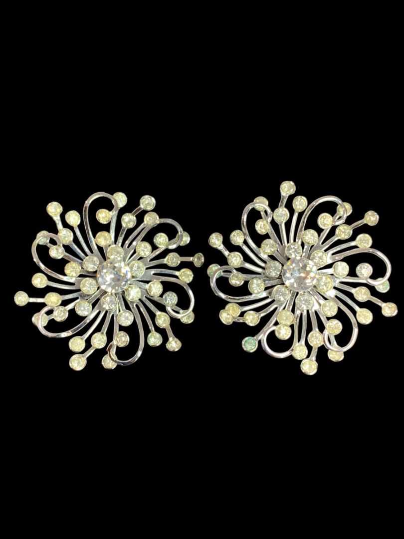 Sarah Coventry "Stardust" 1958 Rhinestones Silver Flower Earrings Clip Ons  2" Lightweight