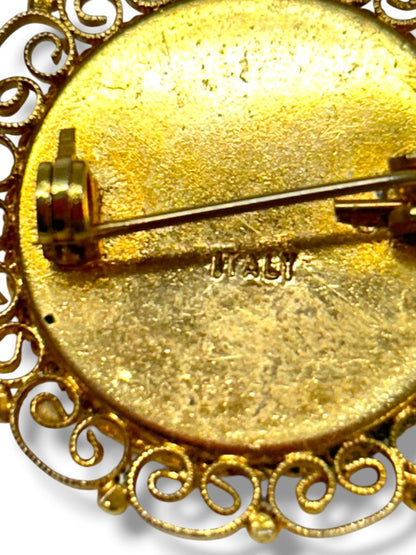 Vintage Micro Mosaic Brooch Pin Goldtone Filigree Daisy Italy 1.5"