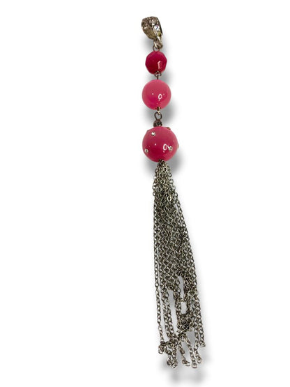 Silvertone Tassel Pendant Pink Beaded 5.5" Drop
