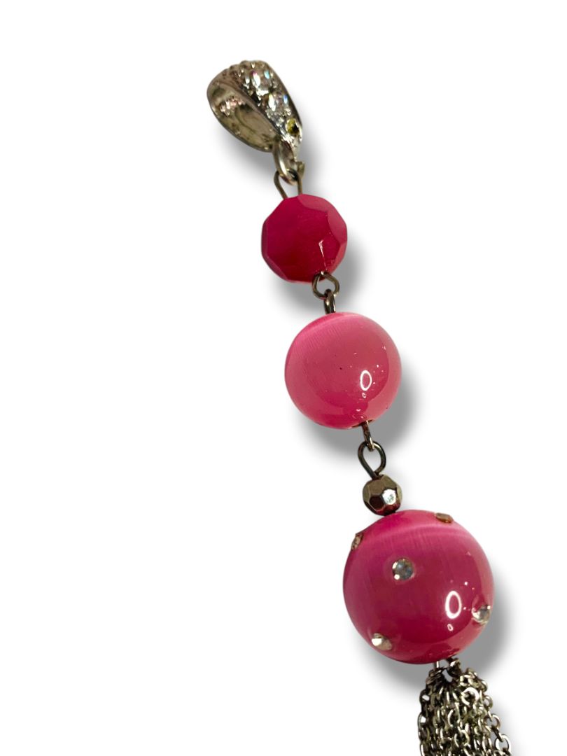 Silvertone Tassel Pendant Pink Beaded 5.5" Drop