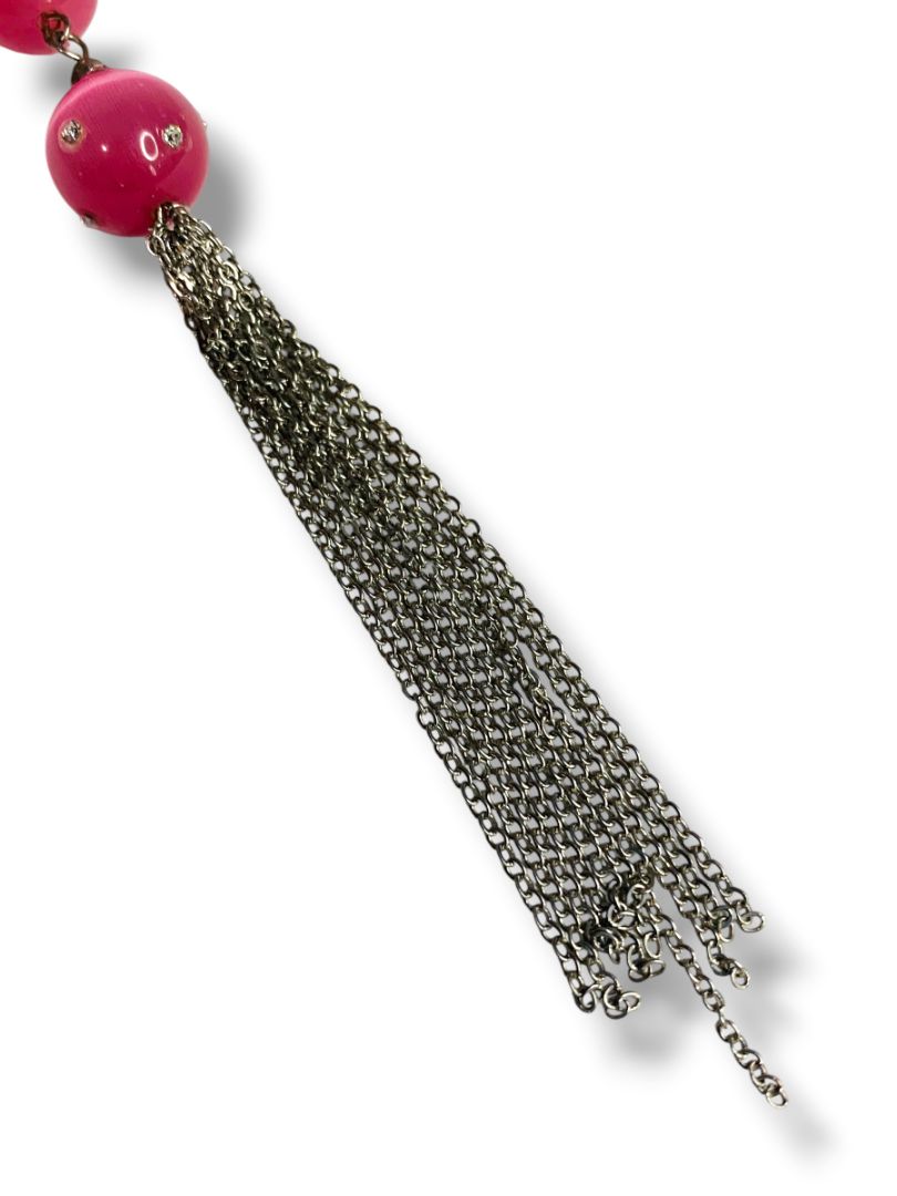 Silvertone Tassel Pendant Pink Beaded 5.5" Drop