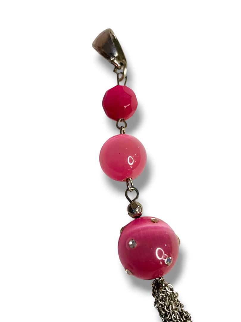Silvertone Tassel Pendant Pink Beaded 5.5" Drop