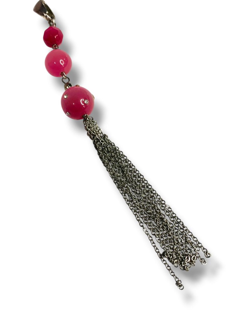 Silvertone Tassel Pendant Pink Beaded 5.5" Drop