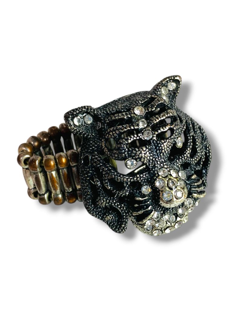 Pewter Color Stretch Ring Figural Tiger Rhinestones
