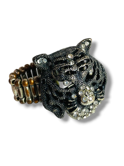 Pewter Color Stretch Ring Figural Tiger Rhinestones