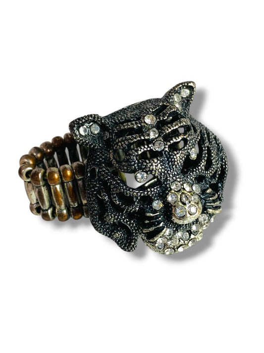 Pewter Color Stretch Ring Figural Tiger Rhinestones