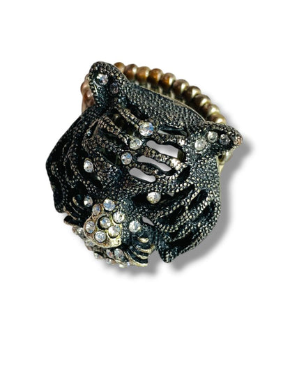 Pewter Color Stretch Ring Figural Tiger Rhinestones