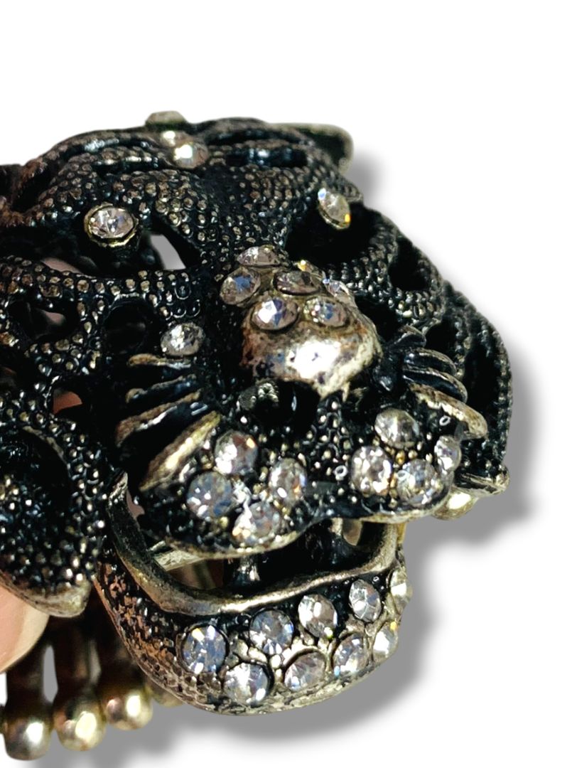 Pewter Color Stretch Ring Figural Tiger Rhinestones
