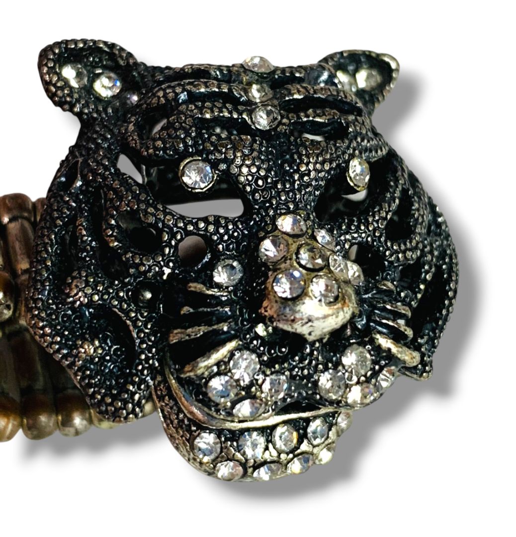 Pewter Color Stretch Ring Figural Tiger Rhinestones