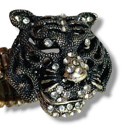 Pewter Color Stretch Ring Figural Tiger Rhinestones