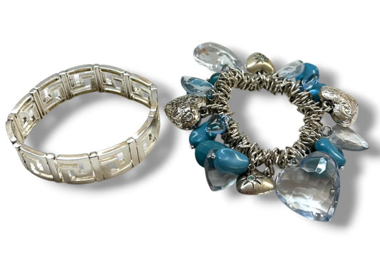2 Stretch Bracelets Silvertone Blue Heart Charms Chunky