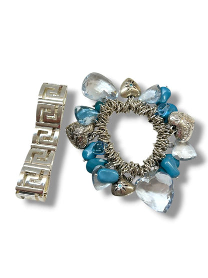 2 Stretch Bracelets Silvertone Blue Heart Charms Chunky