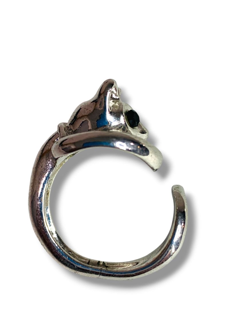 Size 9 Silvertone Cat Ring Figural Black Eyes