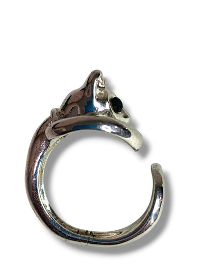 Size 9 Silvertone Cat Ring Figural Black Eyes