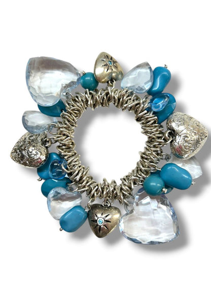 2 Stretch Bracelets Silvertone Blue Heart Charms Chunky