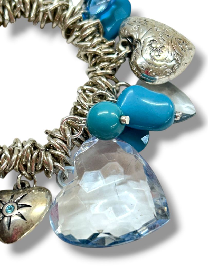 2 Stretch Bracelets Silvertone Blue Heart Charms Chunky