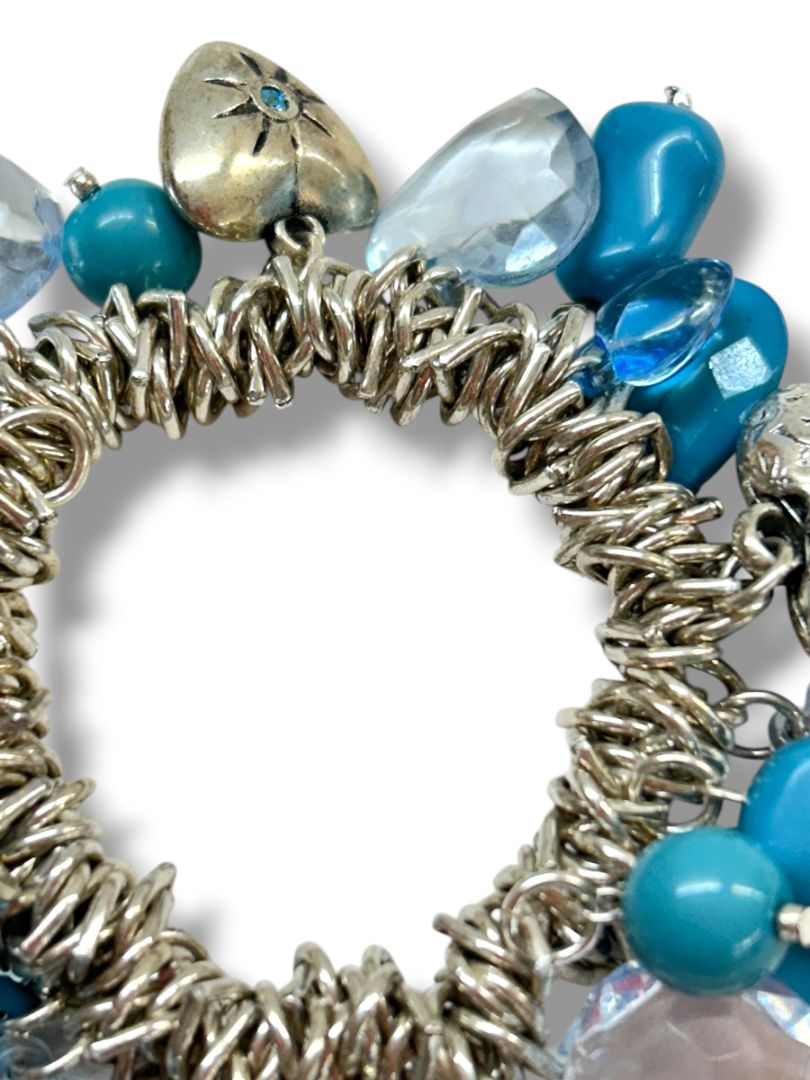 2 Stretch Bracelets Silvertone Blue Heart Charms Chunky