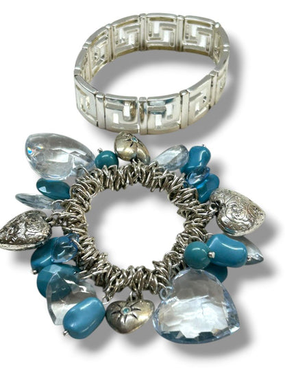 2 Stretch Bracelets Silvertone Blue Heart Charms Chunky