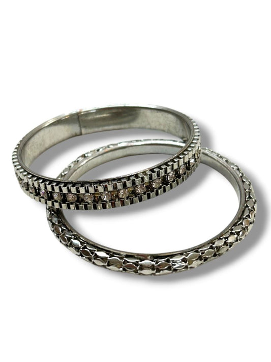 2 Silvertone Bangle Bracelets Rhinestones Detail 2.75" Inside Diameter