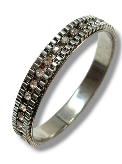 2 Silvertone Bangle Bracelets Rhinestones Detail 2.75" Inside Diameter