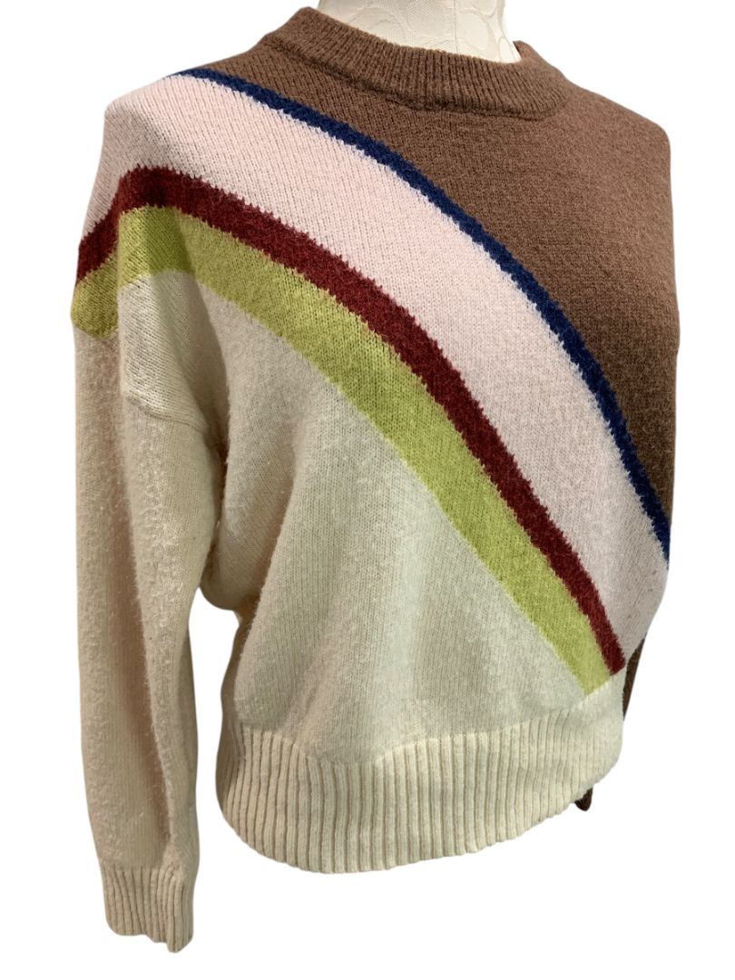 Medium Lush Womens Retro Diagonal Stripe Sweater Cream Brown