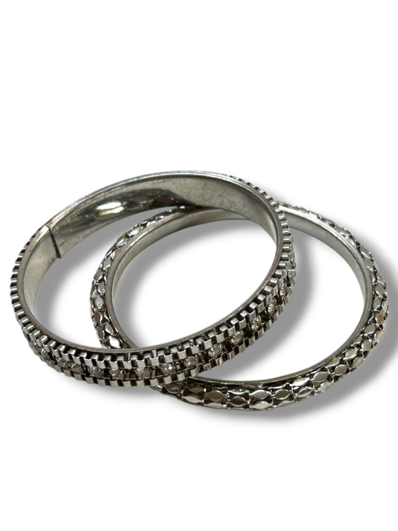 2 Silvertone Bangle Bracelets Rhinestones Detail 2.75" Inside Diameter