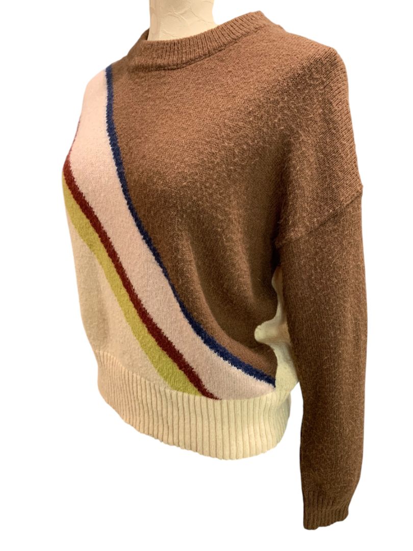 Medium Lush Womens Retro Diagonal Stripe Sweater Cream Brown