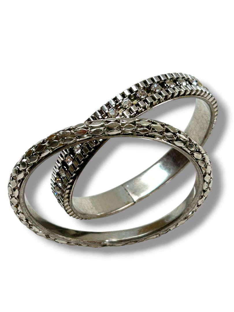 2 Silvertone Bangle Bracelets Rhinestones Detail 2.75" Inside Diameter