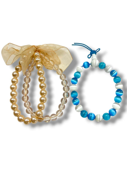 3 Stretch Bracelets Faux Blush Pearl Clear Blush Blue White Beads