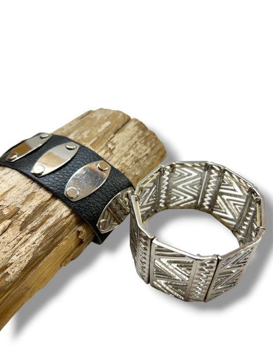 2 Wide Cuff Bracelets Silvertone Stretch Silvertone Snap Leather 7-7.75"