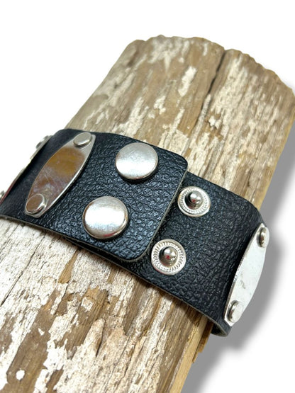 2 Wide Cuff Bracelets Silvertone Stretch Silvertone Snap Leather 7-7.75"