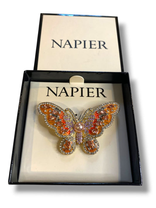 Napier Goldtone Butterfly Brooch Multi-Color Sparkles Faux Pearl New 2.5"