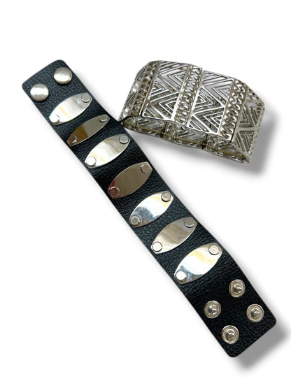 2 Wide Cuff Bracelets Silvertone Stretch Silvertone Snap Leather 7-7.75"