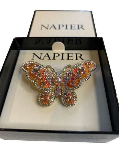 Napier Goldtone Butterfly Brooch Multi-Color Sparkles Faux Pearl New 2.5"