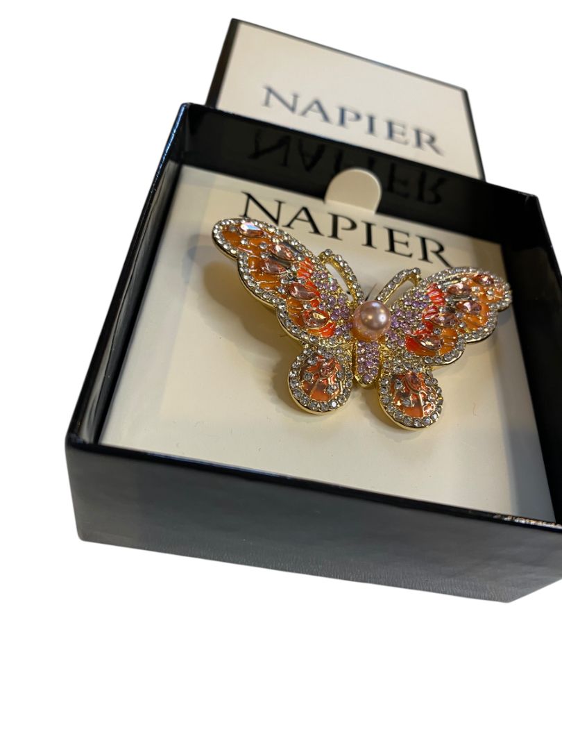 Napier Goldtone Butterfly Brooch Multi-Color Sparkles Faux Pearl New 2.5"