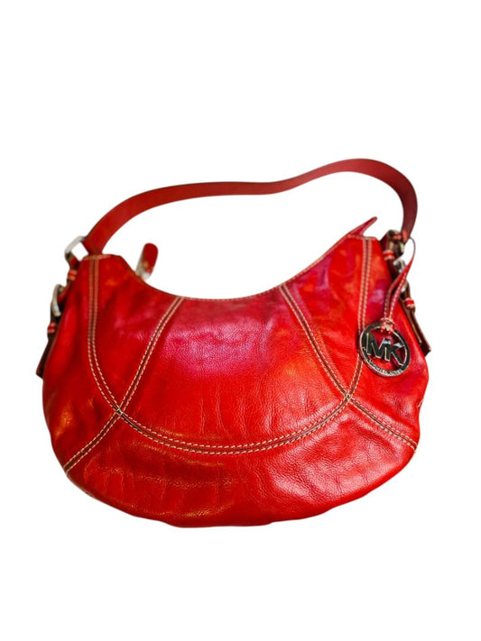 Michael Kors Red Leather Large Hobo Bag Contrast Stitch Shoulderbag