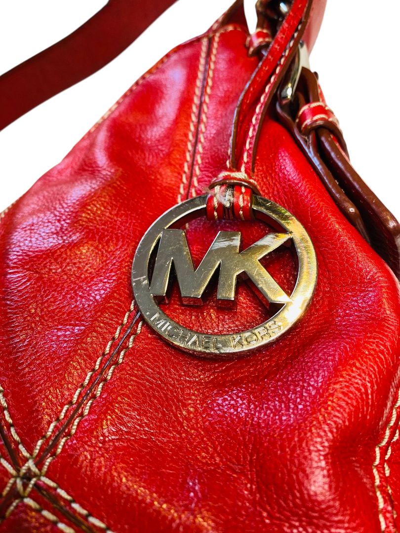 Michael Kors Red Leather Large Hobo Bag Contrast Stitch Shoulderbag