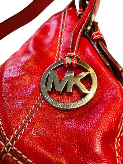 Michael Kors Red Leather Large Hobo Bag Contrast Stitch Shoulderbag