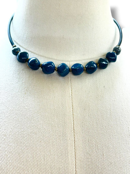 2 Necklaces Wrap Cord Adjustable Choker Blue Green Stone