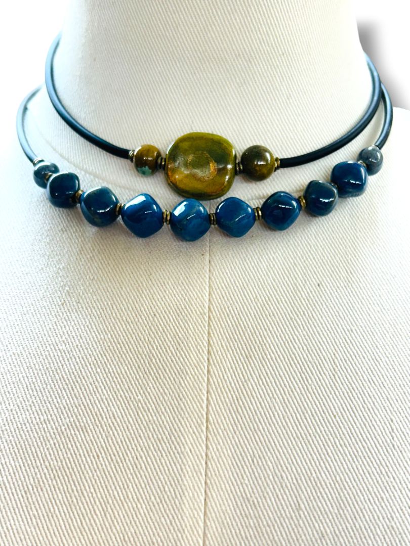 2 Necklaces Wrap Cord Adjustable Choker Blue Green Stone