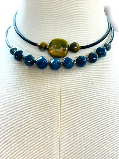 2 Necklaces Wrap Cord Adjustable Choker Blue Green Stone