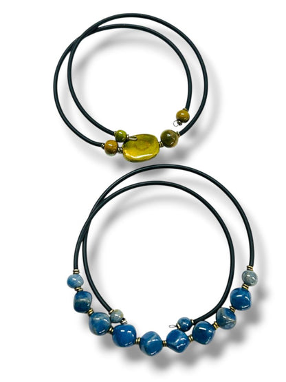 2 Necklaces Wrap Cord Adjustable Choker Blue Green Stone