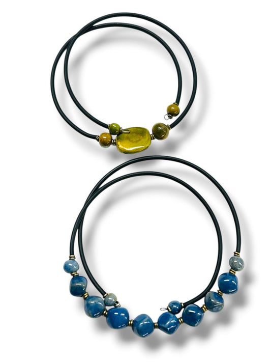 2 Necklaces Wrap Cord Adjustable Choker Blue Green Stone