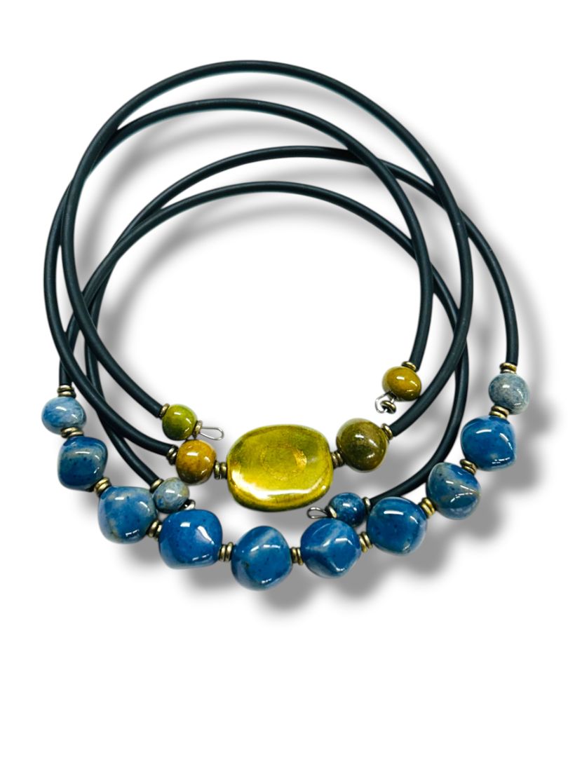 2 Necklaces Wrap Cord Adjustable Choker Blue Green Stone
