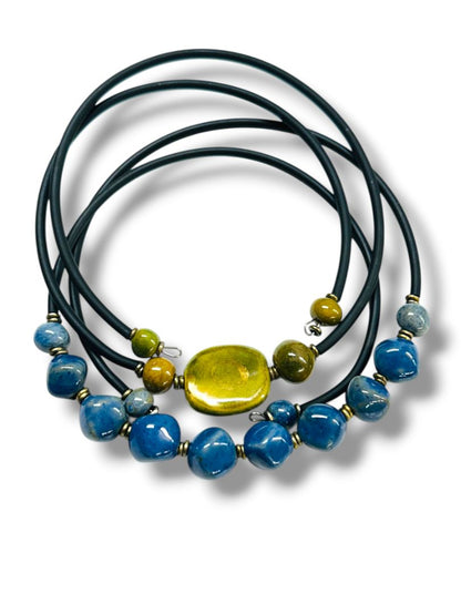 2 Necklaces Wrap Cord Adjustable Choker Blue Green Stone