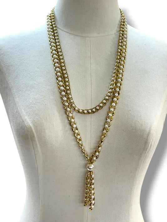 2 Necklaces Goldtone Faux Pearl Vintage Trifari 25" Spring Clasp Unbranded String 36"