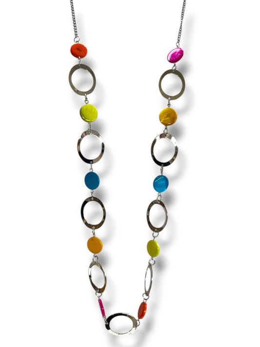 Silvertone and Multicolor Disc Circle Necklace 41-44" Lobster Clasp
